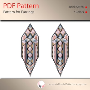 Könnte beinhalten: Ein Perlenohrring-Muster mit einem geometrischen Design in Rosa-, Blau- und Goldtönen. Das Muster ist für Ziegel-Stich und verwendet 7 Farben.