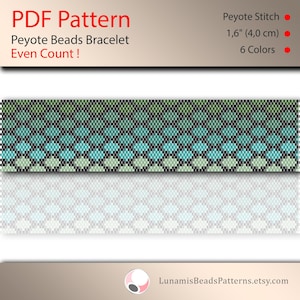 May include: A Peyote stitch beading pattern for a bracelet. The pattern is for an even count bracelet and is 1.6 inches (4.0 cm) long. The pattern uses 6 colors of beads.