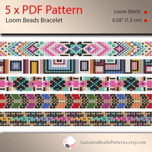 May include: Five PDF patterns for loom bead bracelets. Each pattern features a different colorful geometric design. The patterns are 0.58 inches (1.5 cm) wide.