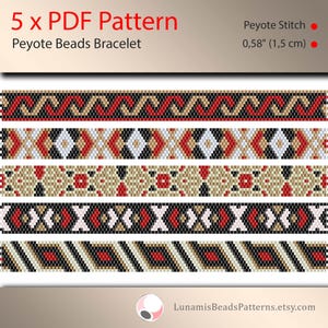 May include: Five printable PDF patterns for peyote stitch bead bracelets. Each pattern features a different geometric design in black, white, red, and gold beads. The patterns are 0.58 inches (1.5 cm) wide.
