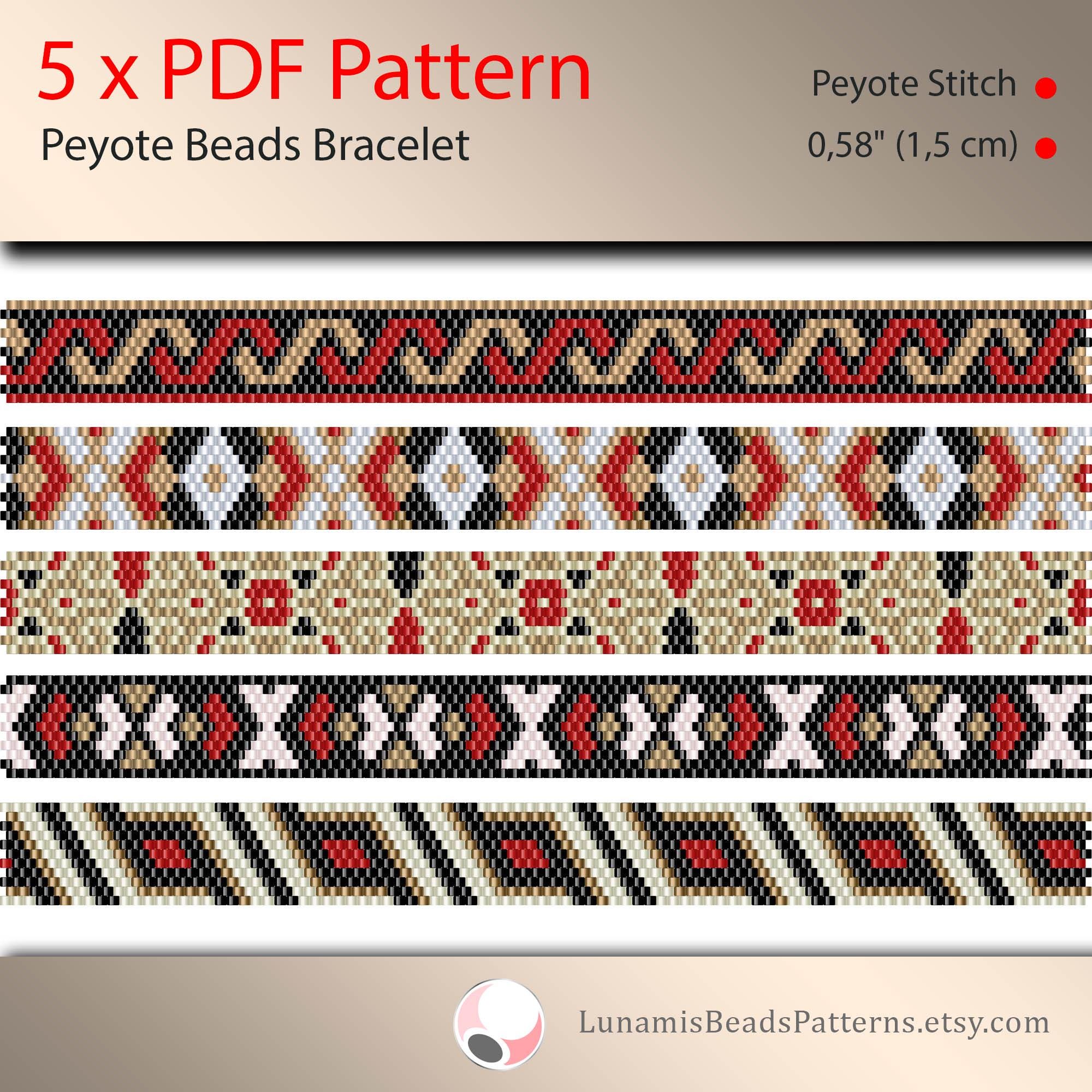 5 X Pattern Peyote for Narrow Bracelet, Odd Count, Beads Stitch