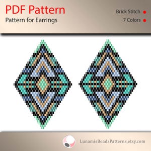 May include: A PDF pattern for a pair of geometric earrings. The earrings are made with black, blue, green, and gold beads. The pattern is for brick stitch and uses 7 colors.