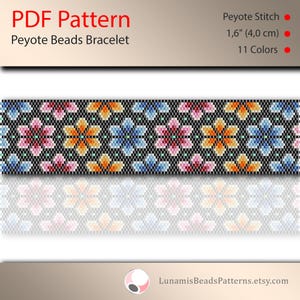 ビーズブレスレットのペヨーテパターン、奇数カウント、ビーズ織り、カラフルな花のモチーフ、ペヨーテステッチ、PDF ファイルの即時ダウンロード、#312P