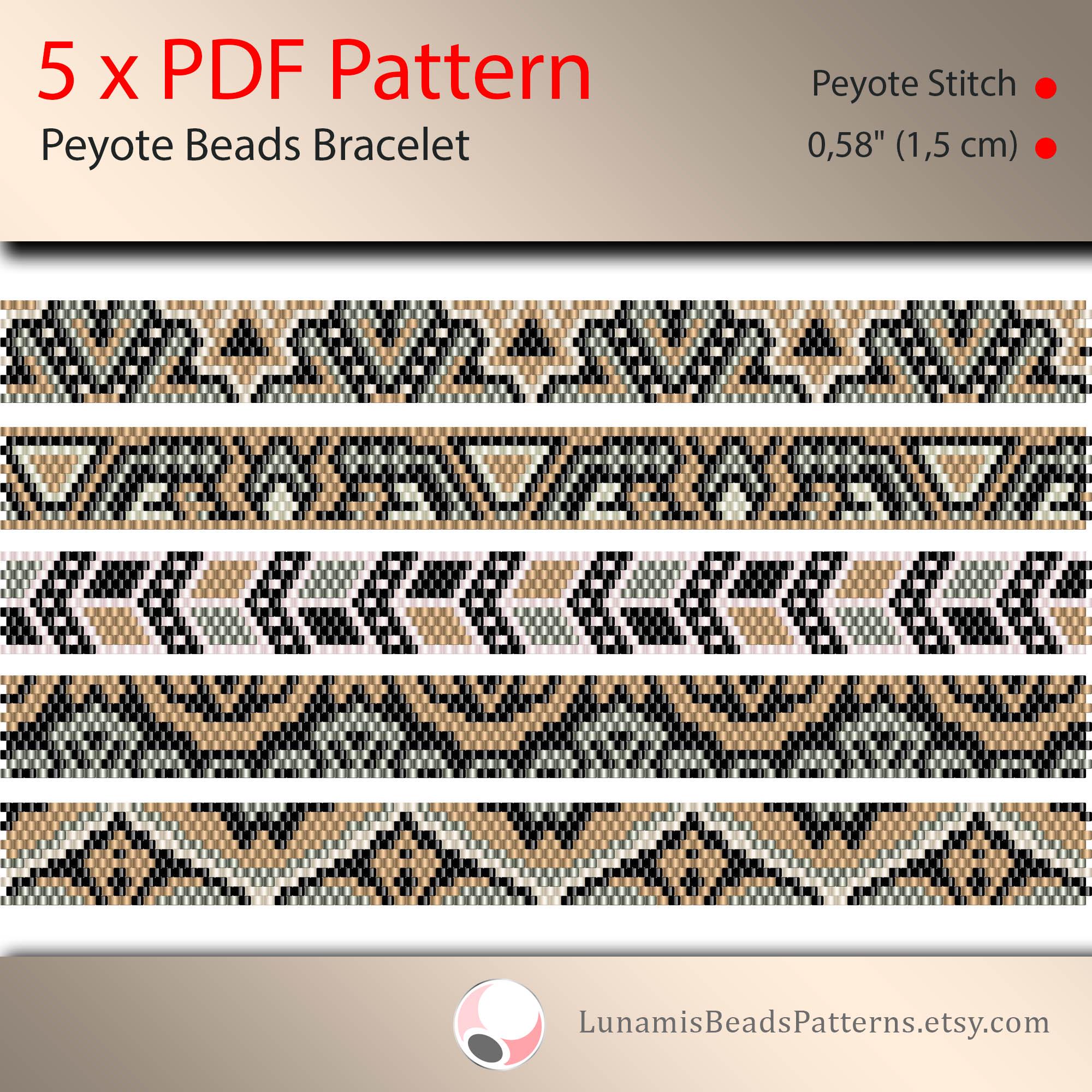 5 X Pattern Peyote for Narrow Bracelet, Odd Count, Beads Stitch