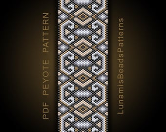 Patrón de pulsera Peyote, motivo geométrico en gris dorado, tejido de cuentas con número impar (descarga en PDF) #061P
