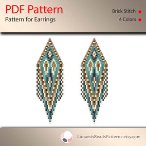 May include: A PDF pattern for beaded earrings in a geometric design with turquoise, gold, black, and white beads. The pattern is for brick stitch and uses four colors.