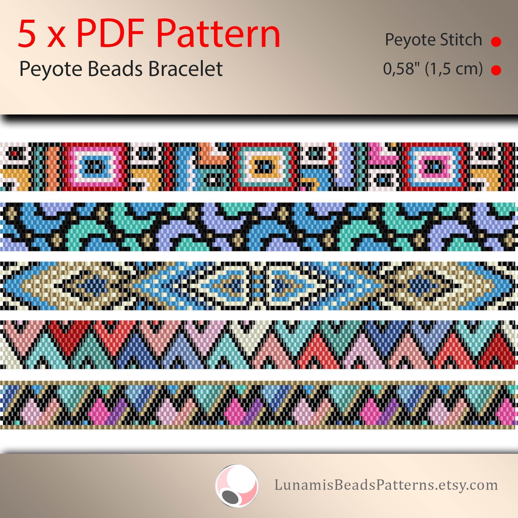 Peyote Stitch Beading Projects, etc. 5冊 5 X Pattern Peyote for Narrow Bracelet, Odd Count, Beads Stitch