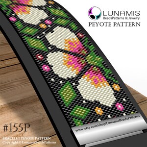 May include: A close-up of a beaded bracelet pattern with white, pink, green, and orange beads. The pattern is called "#155P" and is a peyote stitch bracelet pattern. The pattern is available on Etsy.