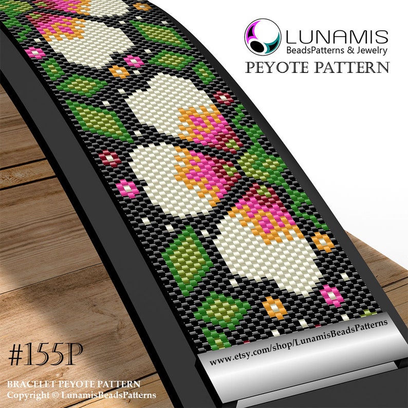 May include: A close-up of a beaded bracelet pattern with white, pink, green, and orange beads. The pattern is called "#155P" and is a peyote stitch bracelet pattern. The pattern is available on Etsy.