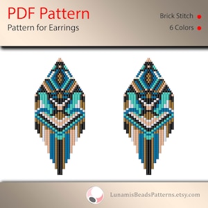May include: A PDF pattern for earrings featuring a brick stitch design in six colors. The earrings have a geometric pattern with teal, black, tan, and white details. The text "PDF Pattern" and "Pattern for Earrings" is visible.