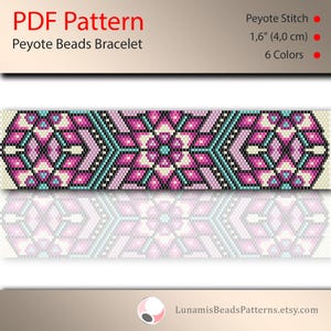 ビーズブレスレットのペヨーテパターン、奇数カウント、ビーズ織り、ピンク色の花のモチーフ、ペヨーテステッチ、PDF ファイルの即時ダウンロード、#368P
