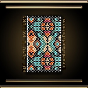 May include: A colorful beaded pattern with geometric shapes in orange, teal, pink, and cream on a black background. The words "PDF PEYOTE PATTERN" and "LunamisBeadsPatterns" are printed on the sides. The design is framed with gold lines.