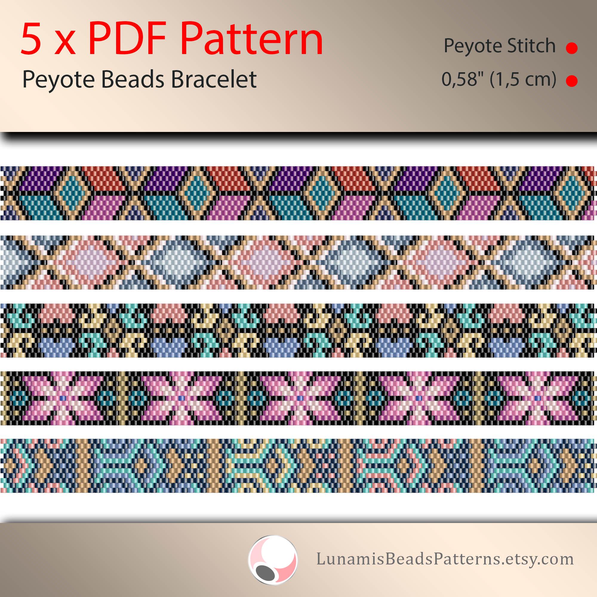 5 X Pattern Peyote for Narrow Bracelet, Odd Count, Beads Stitch