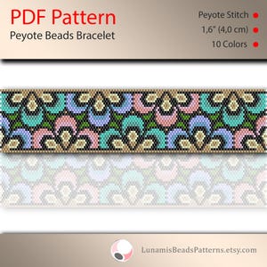 ビーズブレスレットのペヨーテパターン、奇数カウント、ビーズ織り、パステルカラーの花のモチーフ、ペヨーテステッチ、PDF ファイルの即時ダウンロード、#411P