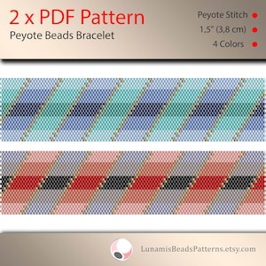 Puede incluir: Dos patrones PDF para un brazalete de cuentas de punto de peyote. Los patrones son para un brazalete de 1,5 pulgadas (3,8 cm) de ancho y utilizan cuatro colores.