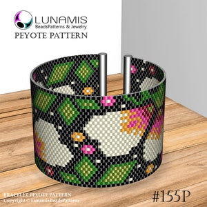 May include: A black, white, green, pink, and orange beaded bracelet with a floral pattern. The bracelet is made with peyote stitch and is shown on a wooden surface. The text "#155P" is visible in the lower right corner of the image.