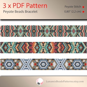 3 x peyote bracelet pattern, peyote pattern, odd count, stitch pattern, pdf file, pdf pattern, #018PPN, lunamis