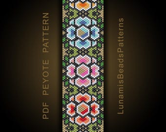 ペヨーテステッチブレスレットパターン、カラフルな花のビーズ織り（PDFパターン）#317P