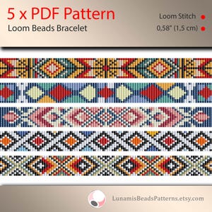 5 x loom bracelet pattern, narrow loom pattern, loom stitch, square stitch pattern, beading pattern, pdf file, pdf pattern, cuff, #005Ln11