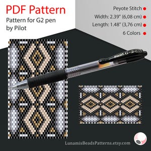 May include: A PDF pattern for a beaded bracelet using peyote stitch. The pattern is designed for use with a Pilot G2 pen and includes 6 colors. The bracelet is 2.39 inches wide and 1.48 inches long.