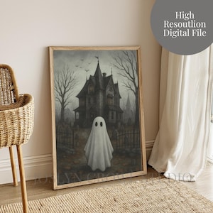 Impresión de fantasma de casa embrujada: arte mural de Halloween espeluznante (descarga digital)