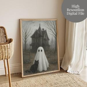 Haunted House Halloween Print: Spooky Ghost, Black Cat, Cemetery Scene (Digital Download)