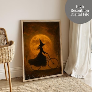 Witch Full Moon Halloween Digital Wall Art, Spooky Halloween Print, Witch Print, Digital Download