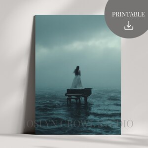 Woman in Ocean Storm Art Print: Surreal Piano Scene (Digital Download)
