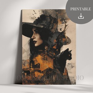 Witch and Black Cat Halloween Print: Spooky Gothic Wall Art (Digital Download)