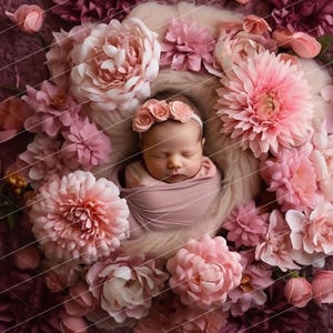 Pink Flower Newborn Digital Backdrop, Floral Baby Photo Background, Newborn Photography Overlay, Fine Art Photo Prop