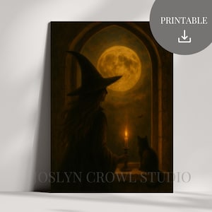 Witch and Cat Halloween Print: Spooky Moon Art (Digital Download)