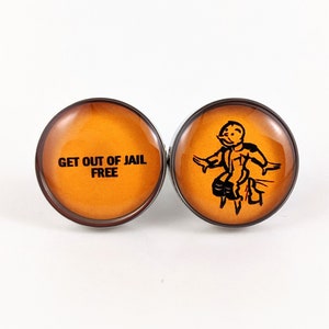 Gemelos de resina, juego de Monopoly vintage, redondos o cuadrados, gemelos para hombre, 100% acero inoxidable. Tarjeta "Sal de la cárcel gratis" del Tío Rico Pennybags.