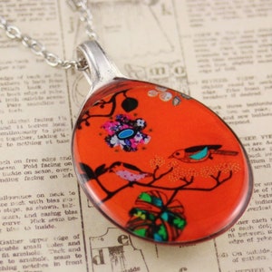 Recycled vintage spoon resin pendant necklace orange cream flowers pattern floral art print upcycled reclaimed silver cutlery antique womens