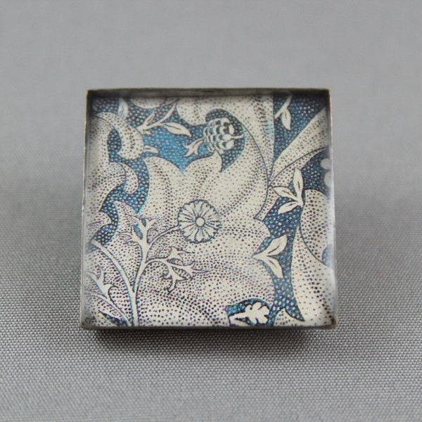 RESINATE DESIGNS handmade resin brooch, William Morris floral pattern paper art print, antique silver square bezel, rollover hook back