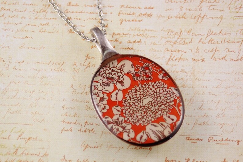Recycled vintage spoon resin pendant necklace orange cream flowers pattern floral art print upcycled reclaimed silver cutlery antique womens