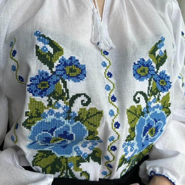 Blue Flower folk top , White Folk Blouse , Rich Embroidery Blouse, Big size Blouse, Balkan blouse, Flower cotton Blouse, Mother gift