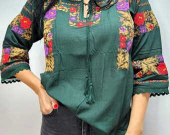 Green  fine cotton Blouse , Embroidery Blouse, Oversized Blouse, Folk embroidery Blouse, Balkan blouse, Flower cotton Blouse, Mother gift