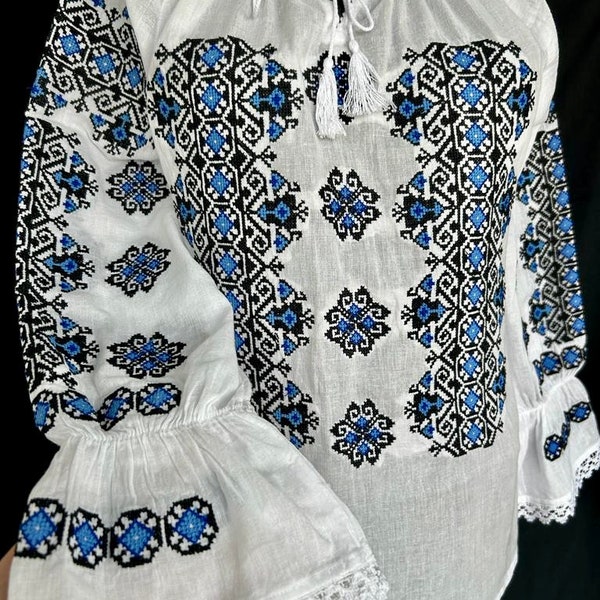 Blue embroidery blouse , White cotton Embroidery Blouse, Oversized Shirt, Folk embroidery Shirt , Balkan shirt , Daughter gift , Mother gift