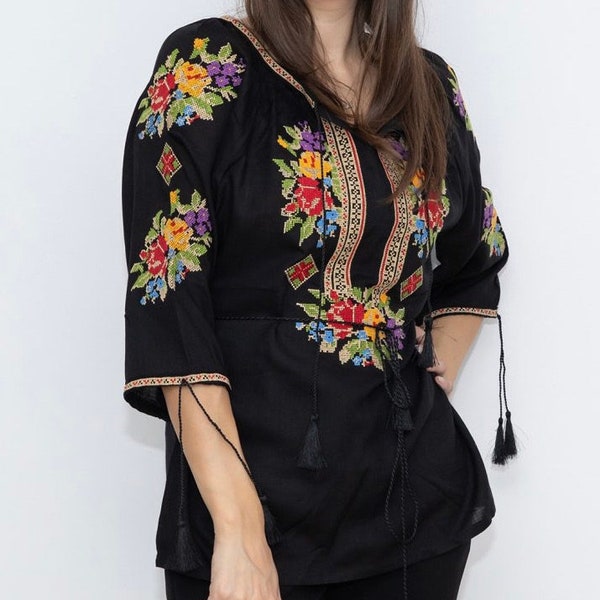 Black Blouse , Flower Embroidery Blouse, Elegant Blouse, Folk embroidery Blouse, Balkan blouse, Flower cotton Blouse, Mother and Sister gift