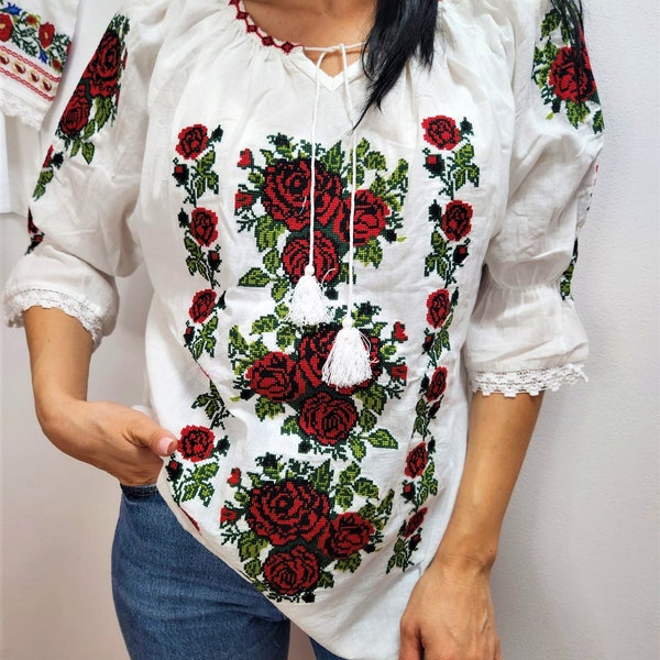 Red Roses folk Blouse , Embroidery Blouse, Oversized Blouse, Folk embroidery Blouse, Balkan blouse, Flower cotton Blouse, Mother sister gift