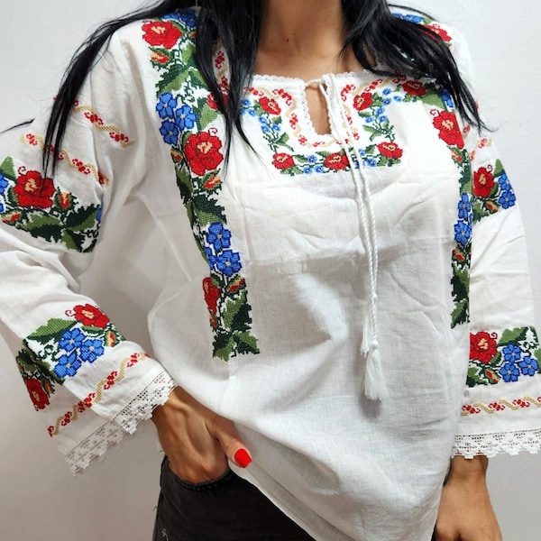 White embroidery Blouse , Folk Embroidery Blouse, big sizes Blouse, Folk wedding blouses, Balkan blouse Flower cotton Blouse Traditional top