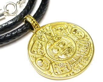 Gold-plated silver pendant, “Mayan calendar” motif pendant, sterling silver, protection symbol, unisex jewelry
