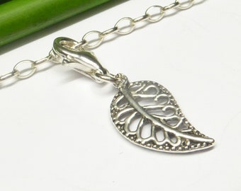 Charm pendant, silver, leaf motif, sterling silver, jewelry accessory