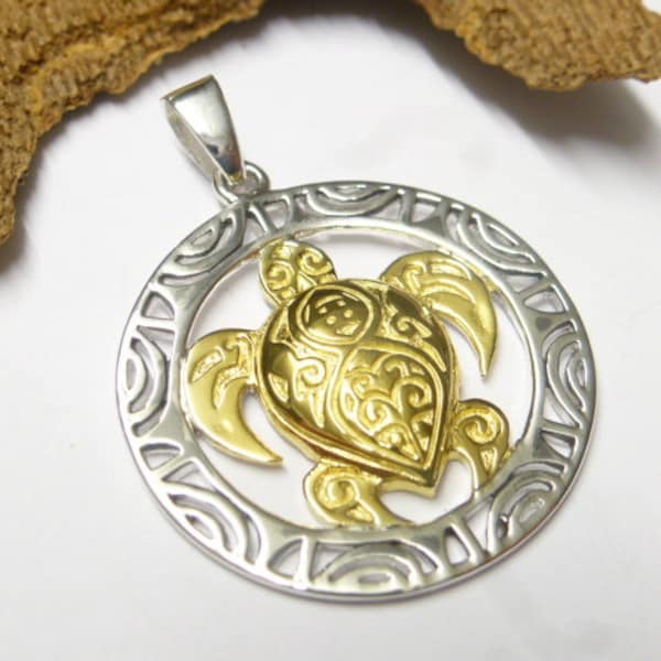 Pendentif en argent, tortue Maori, argent massif, plaqué or au centre, bijou cadeau symbole protecteur