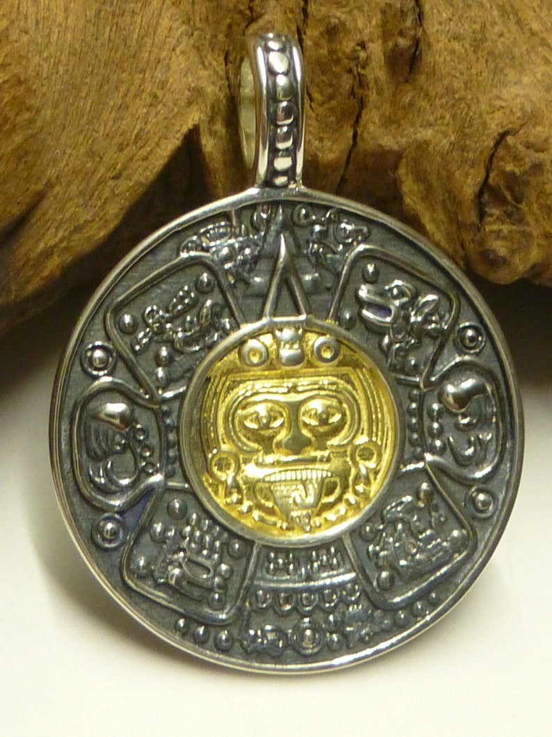 Anhänger Silber teils vergoldet , Motivanhänger Maya Kalender , Sterling Silber , Schutzsymbol , Schmuck Unisex Bild 2