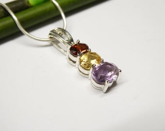 Pendant silver, real stones, garnet - citrine - amethyst, sterling silver, jewelry for women