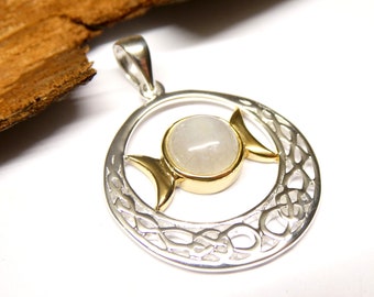 Gold-plated silver pendant, “Power of the Moon” motif pendant, moonstone, sterling silver