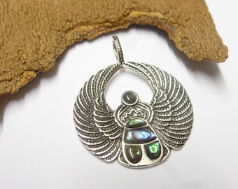 Silver pendant, scarab motif, made of sterling silver, with abalone shell, protection symbol