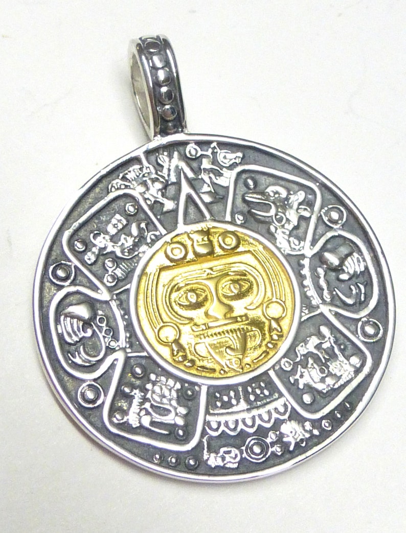 Anhänger Silber teils vergoldet , Motivanhänger Maya Kalender , Sterling Silber , Schutzsymbol , Schmuck Unisex Bild 4