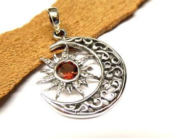 Silver pendant, motif pendant "Sun Moon", sterling silver, real garnet stone